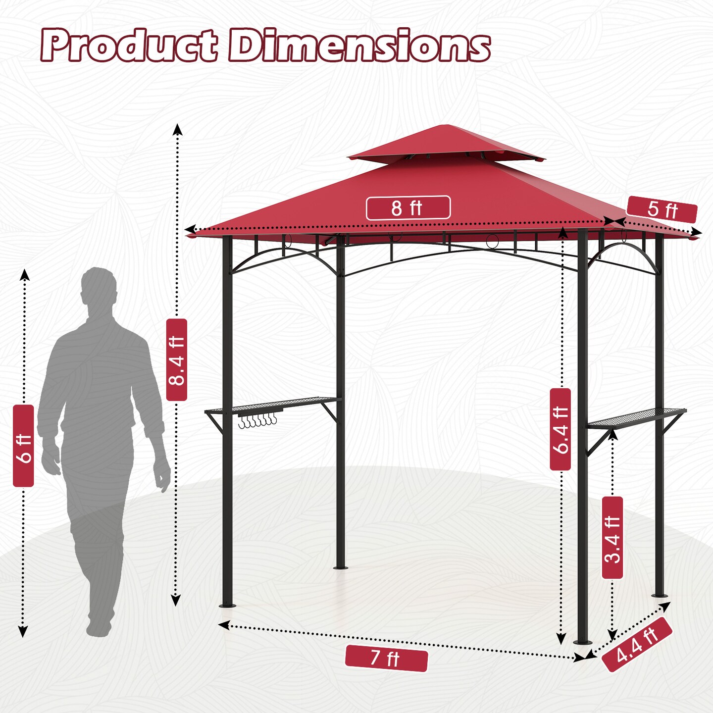 Multi-functional Outdoor Double-Tiered Grill Gazebo Canopy with 2 Side Shelves and 7 Hooks