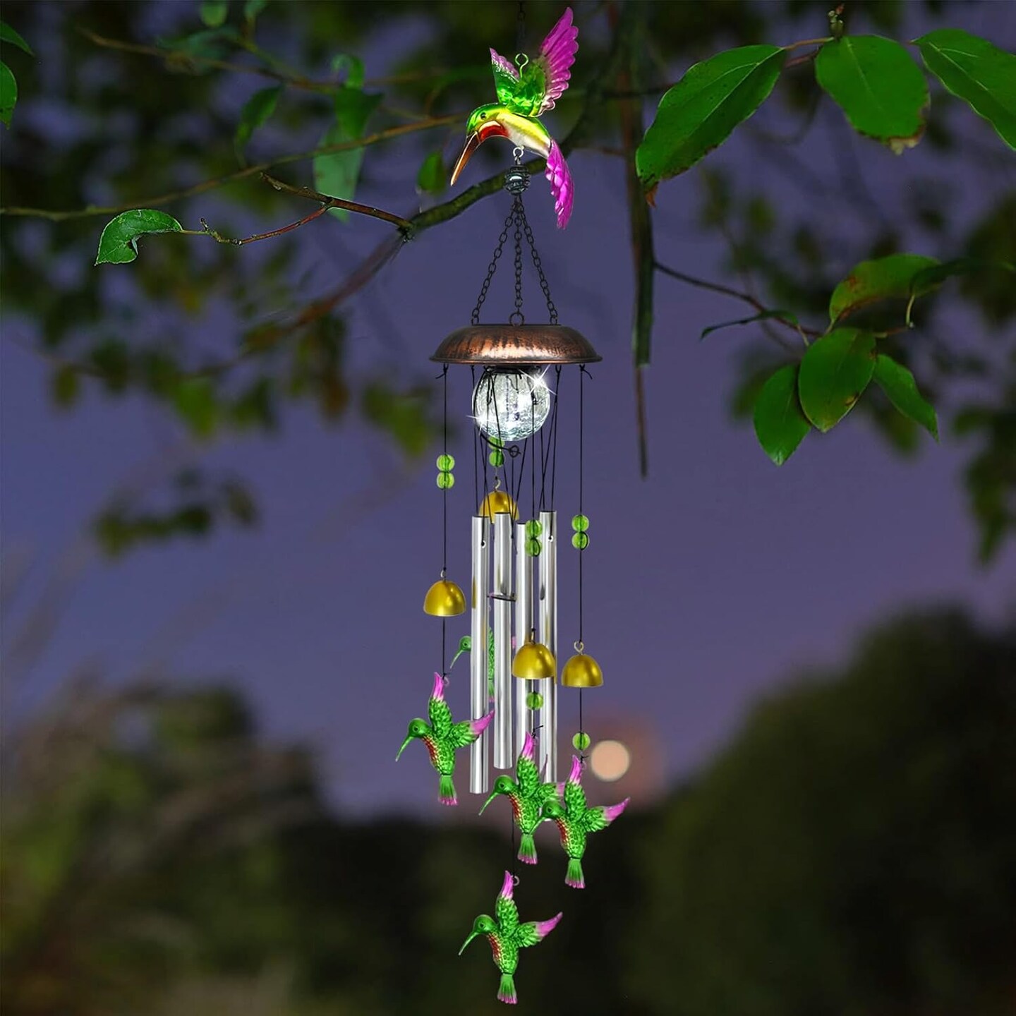 Solar Wind Chimes for Outside, 33.5 Inch Hummingbird Wind Chimes Outdoors with Crackled Glass Ball Decorative