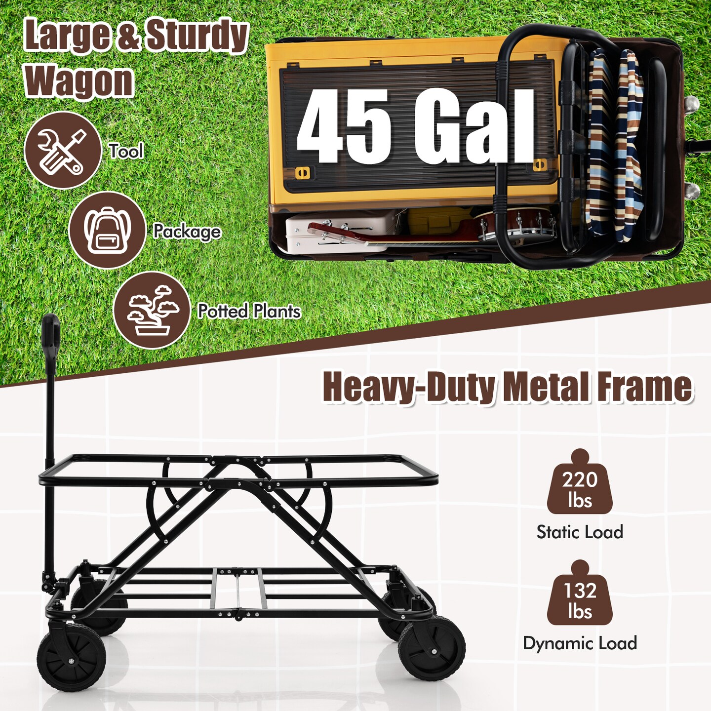 Metal Folding Utility Wagon Cart with Adjustable Handle and Wheels