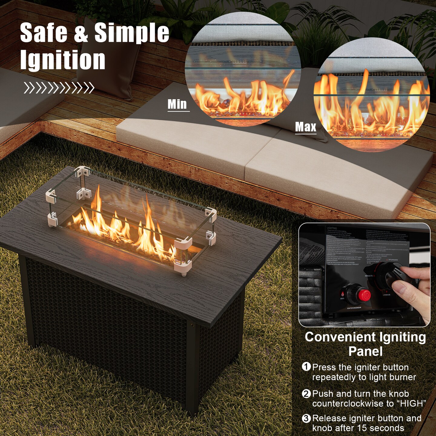 2-in-1 Propane Gas Fire Pit Table with Glass Rack and Stainless Steel Burner Ideal for Outdoor Parties