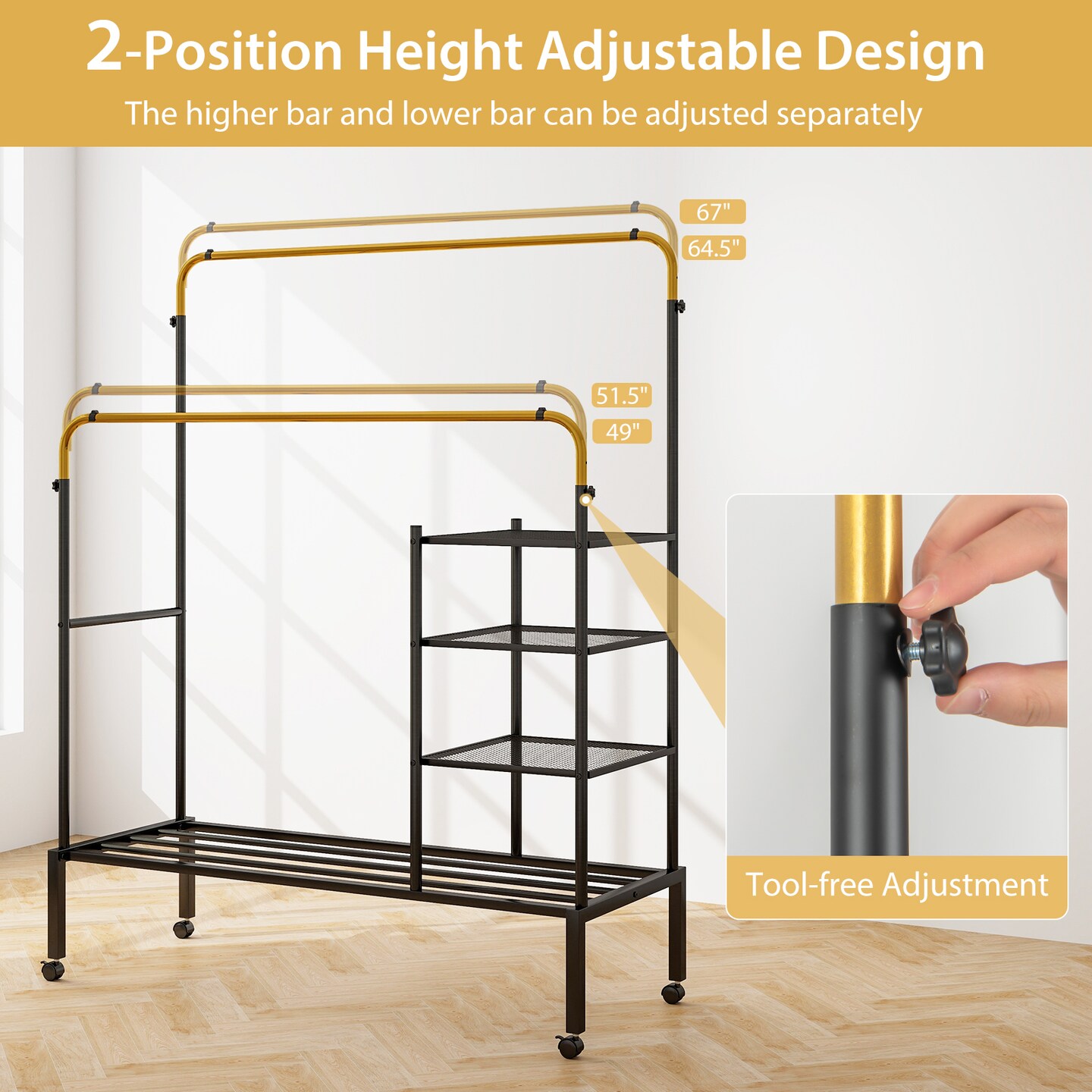 Adjustable Double Rod Clothes Drying Rack with 3-Tier Mesh Shelf Heavy Duty Steel Frame