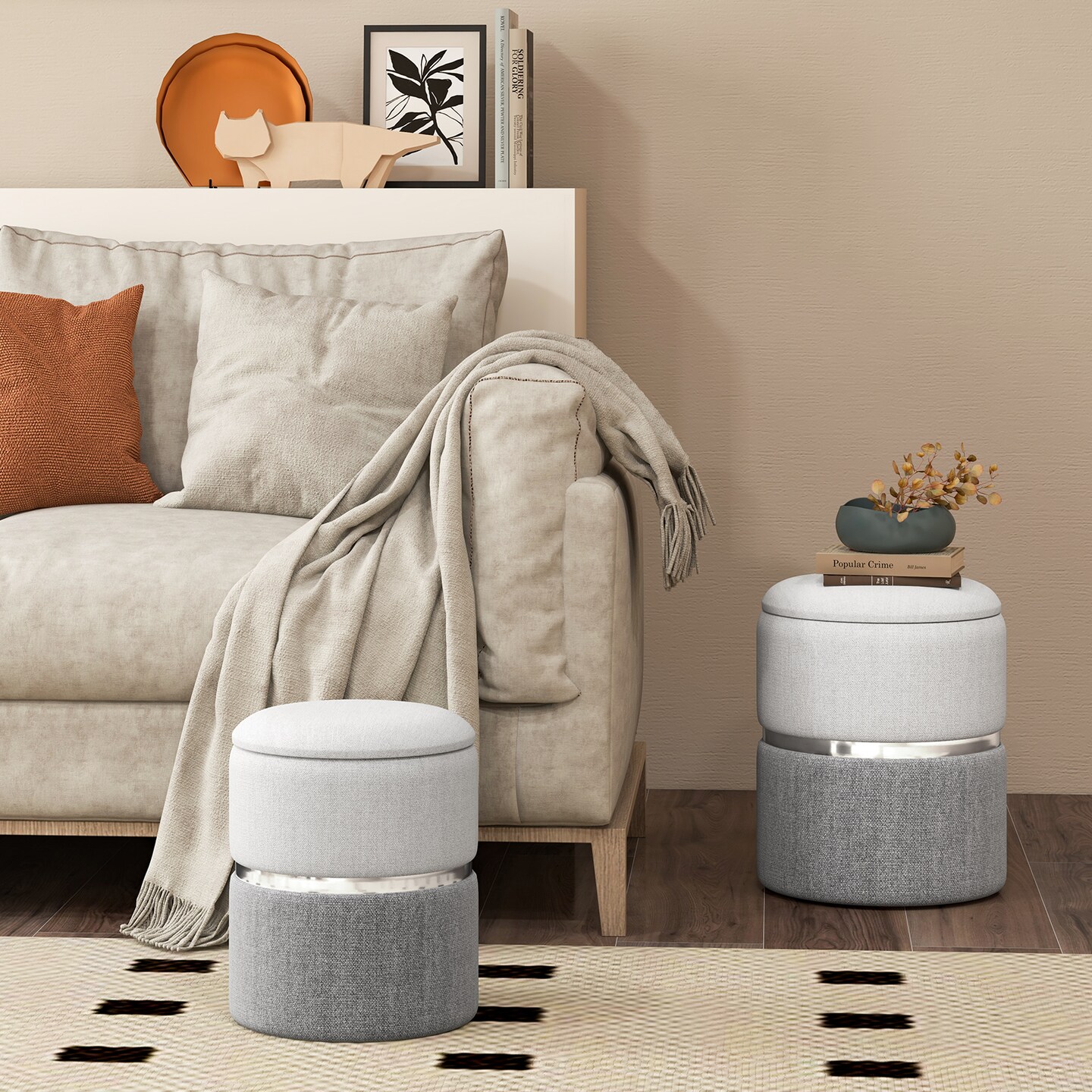 Set of 2 Stackable Velvet/Linen Storage Ottomans with Reversible Tabletop Lid