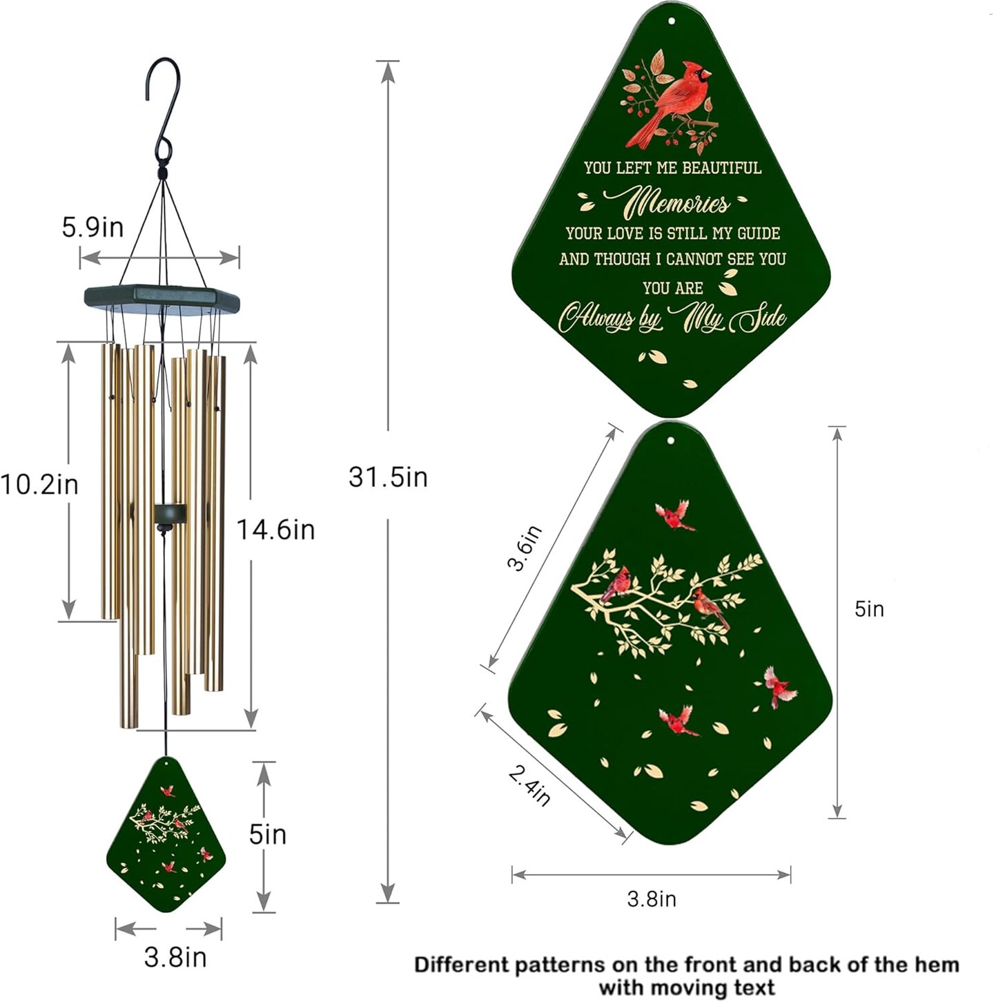 Memorial Wind Chimes for Loss of Loved One 32&#x27;&#x27;, Cardinal Wind Chimes in Memory of a Loved One, Cardinal Memorial Gift, Sympathy Bereavement Condolence Gift,Green