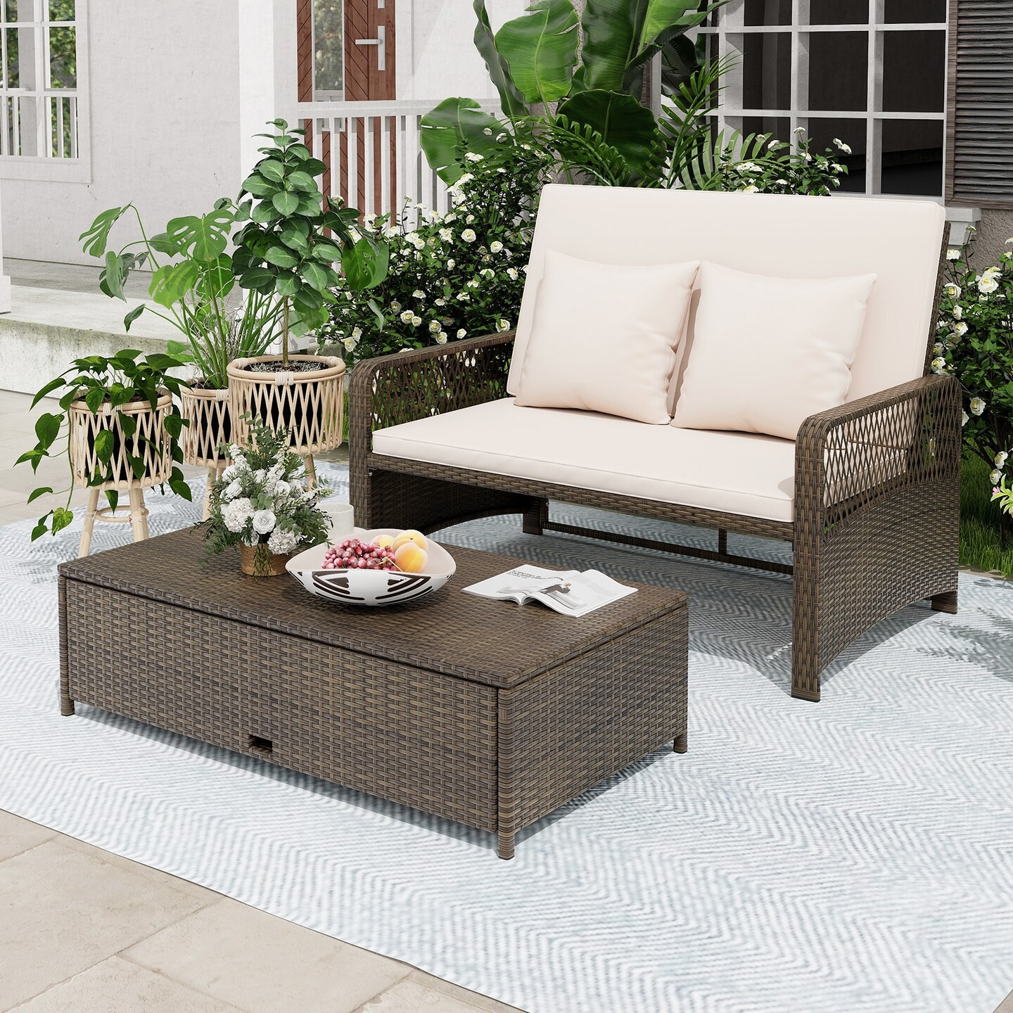 Patio Loveseat and Ottoman Set with 4-level Adjustable Backrest and Storage Area