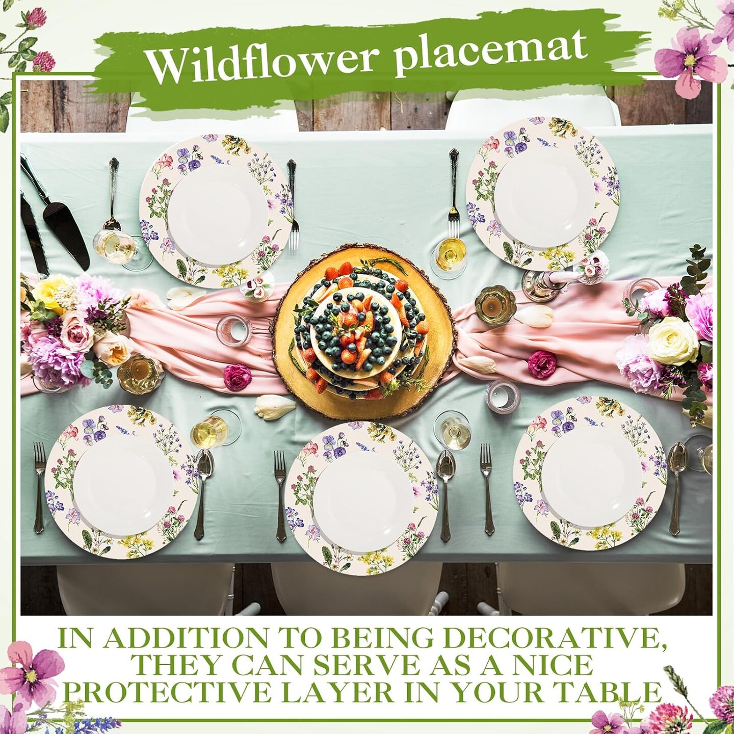 100 Pack Round Wildflowers Paper Placemats 13 Inch Vintage Floral Disposable Table Mats Paper Place Mats Dinnerware for Baby Shower Bridal Birthday Kitchen Wedding Party Supplies