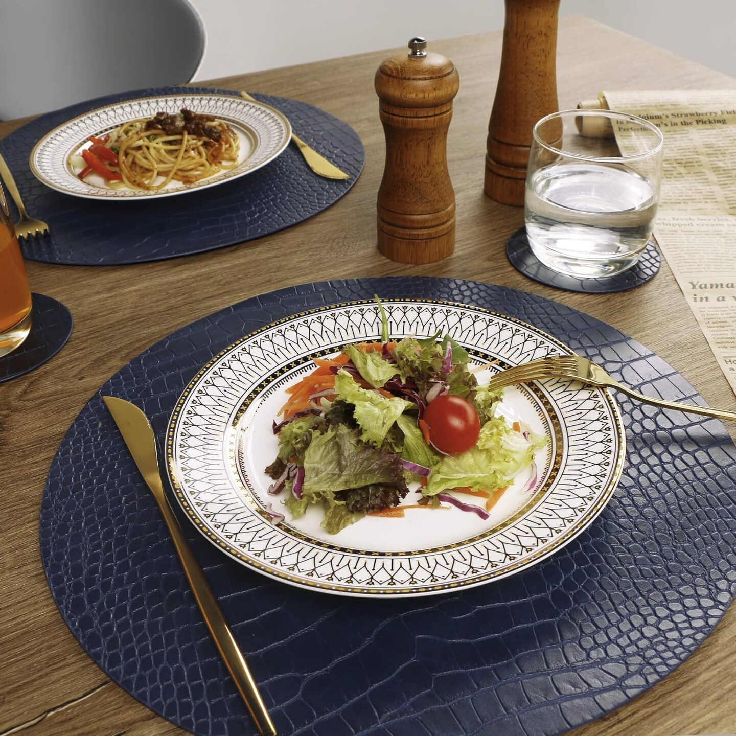 Round Leather Placemats for Round Tables Set of 4, Blue Table Place Mats and Coasters