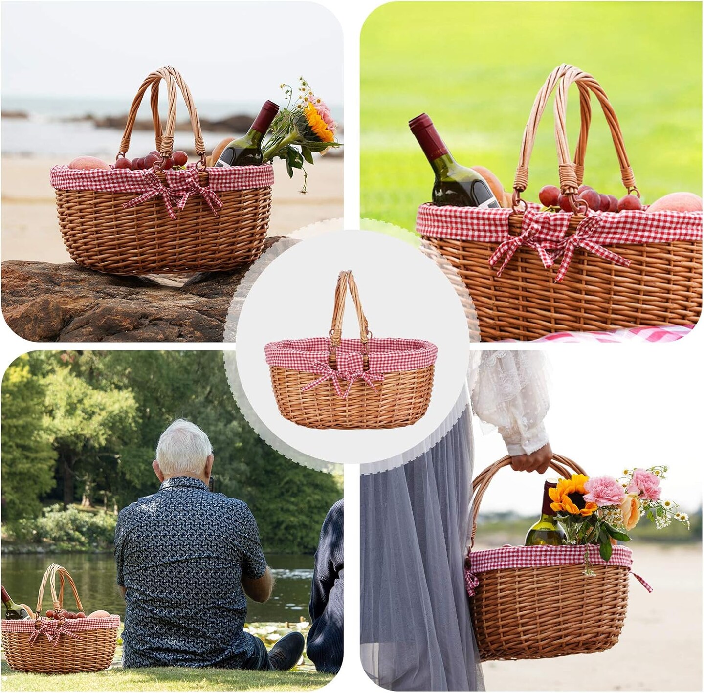 Wicker Picnic Basket with Double Folding Handles,Willow Picnic Hamper,Natural Hand Woven Basket, Basket,Bath Toy and Kids Toy Storage,Gift Packing Basket Red