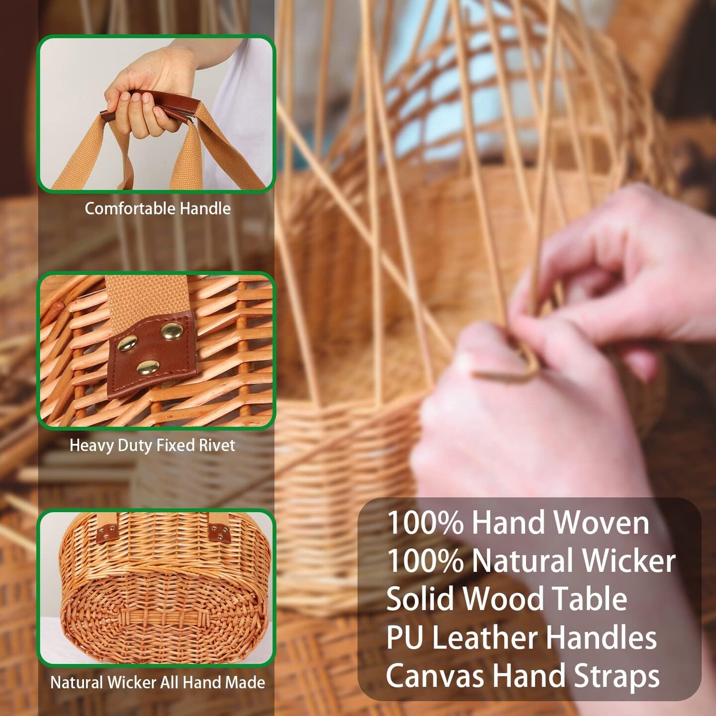 Wicker Picnic Basket Set for 4 with Mini Folding Wine Picnic Table &#x26; Large Insulated Cooler Bag &#x26; Cutlery Service Kits for 4 Person, Couples Gifts, Wedding Gifts (Y2209-4-CM)
