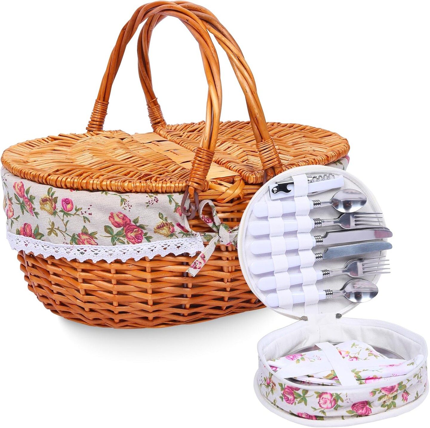 Wicker Picnic Basket Set for 4 with Lid and Handle Picnic Hamper with Washable Lining and Cutlery Set for Outdoor, Camping, Halloween, Christmas, and Birthday