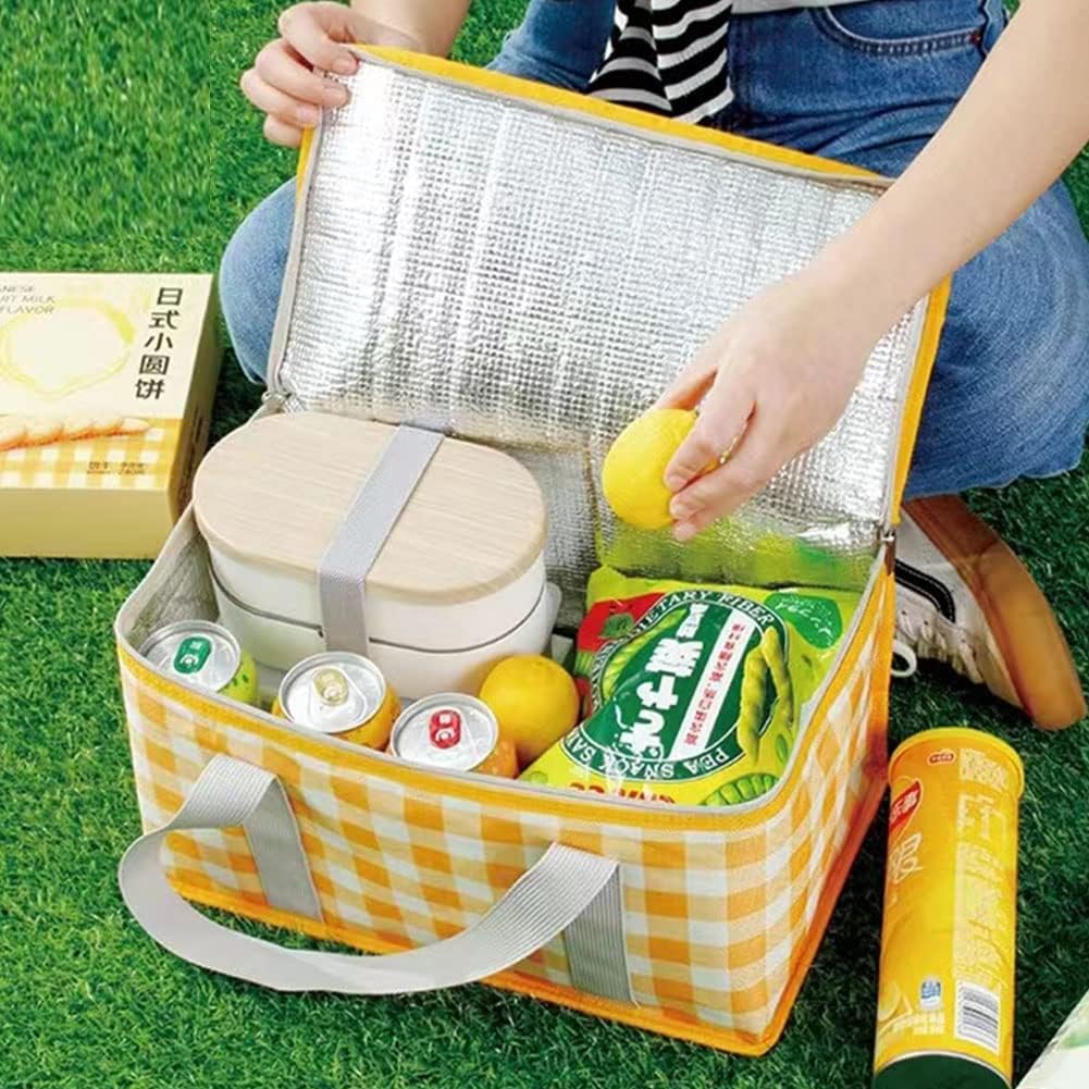 Insulated Reusable Food Picnic Basket Bag Beach Bags, Cooler Bags with Zippered Top -for Hot or Cold,Picnic Basket Collapsible,Beach, Outdoor Party, Camping,Festivals (Yellow)