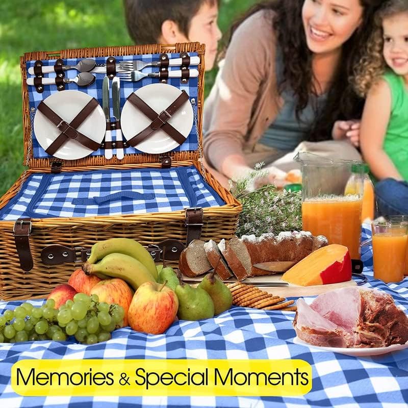 Picnic Basket Set, Wicker Basket with Handle for Outdoors, Insulated Woven Basket, Includes a Service Kit of Dinnerware &#x26; Wine Glasses, Picnic Basket Set for 4 with Blanket, Blue &#x26; White