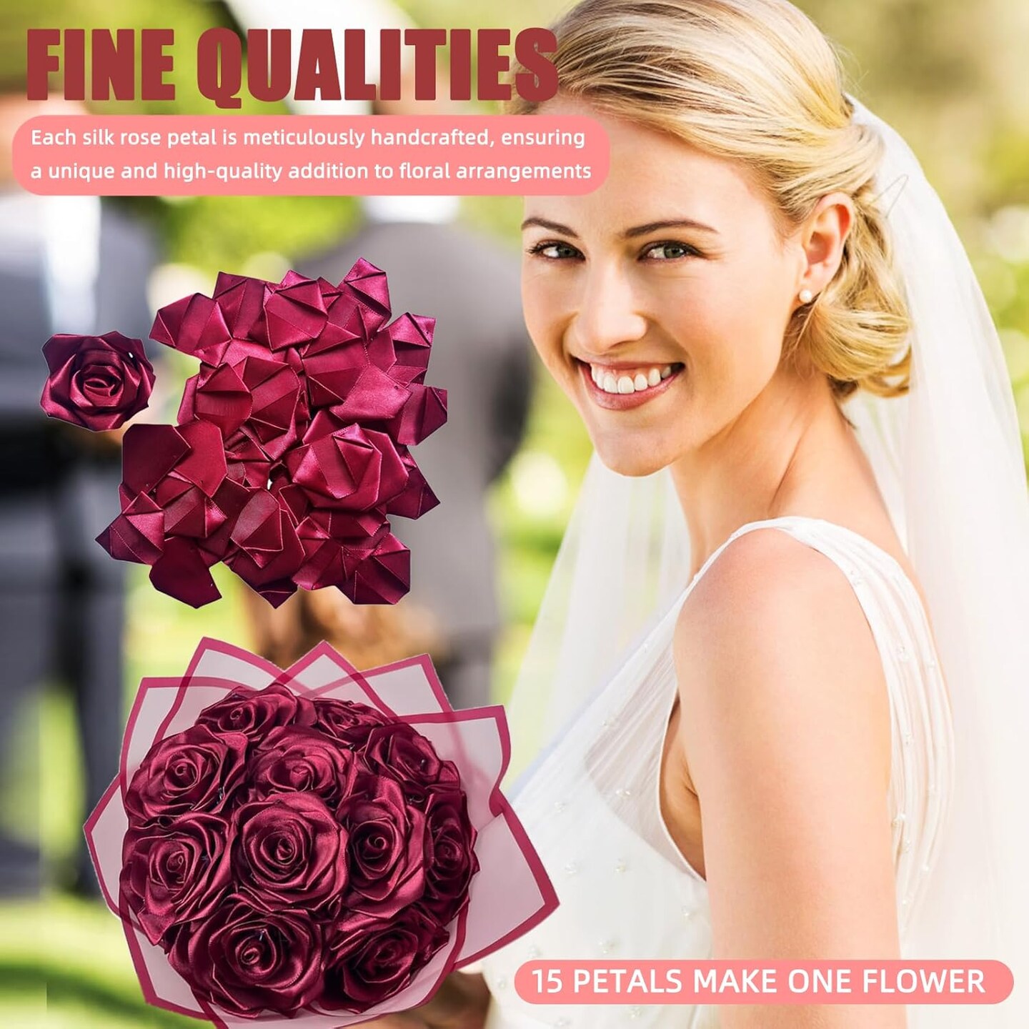 300Pieces Premade Satin Ribbon Rose Petals Half-Finished for Eternal Rose DIY Ramos Forever Flowers Bouquets Everlasting Floral,for Wedding,Anniversary,Birthday