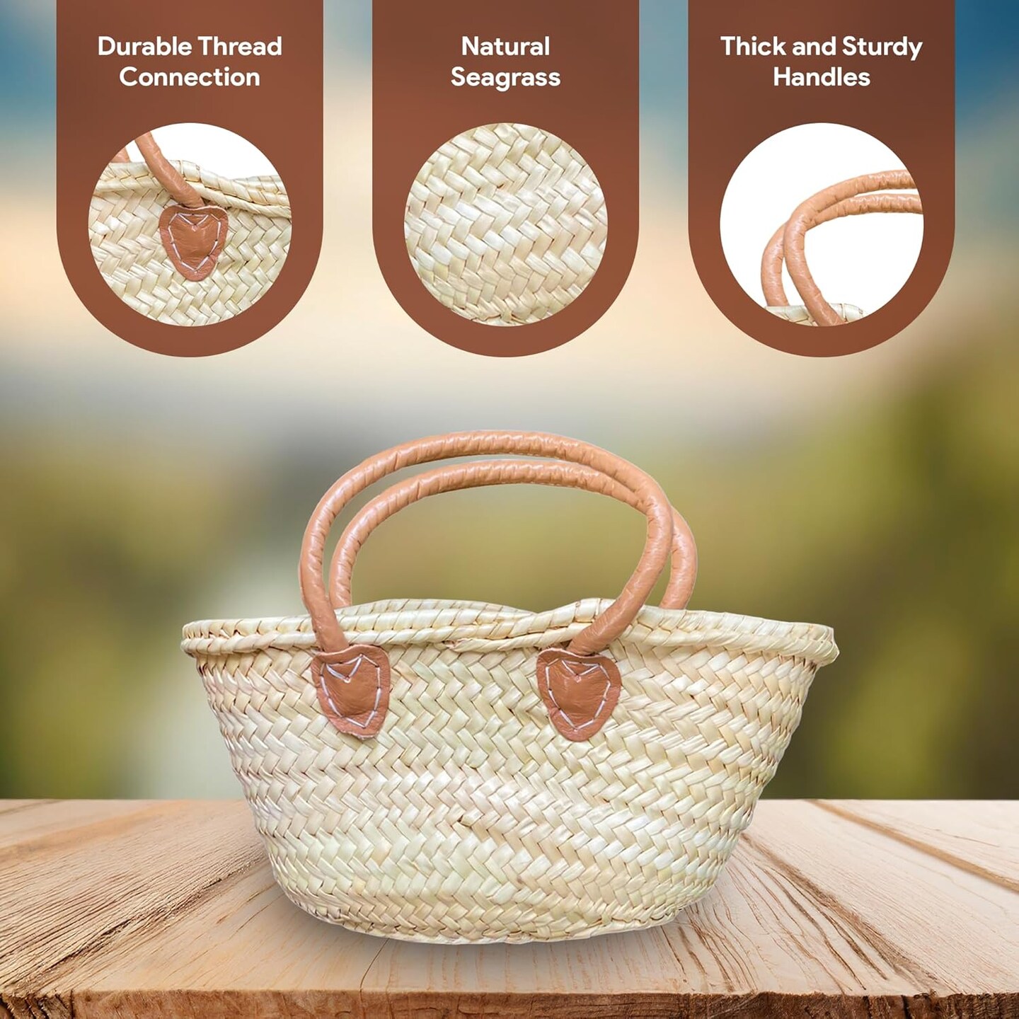 French Market Basket Bag, Small (14x7) Handmade Moroccan Seagrass Basket Straw Bags For Summer, Market, Beach, Laundry, &#x26; Picnic Wicker Basket