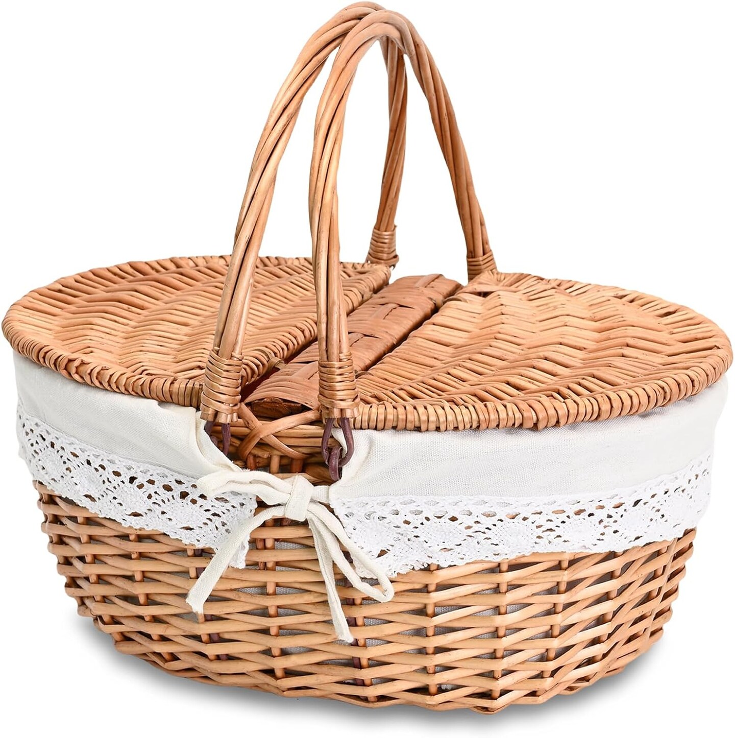 Large 15.4&#x22; Wicker Picnic Basket with Removable Liner Empty Picnic Baskets with Lid, Picnic Hamper with Foldable Handles for Picnic, Natural Color, Large