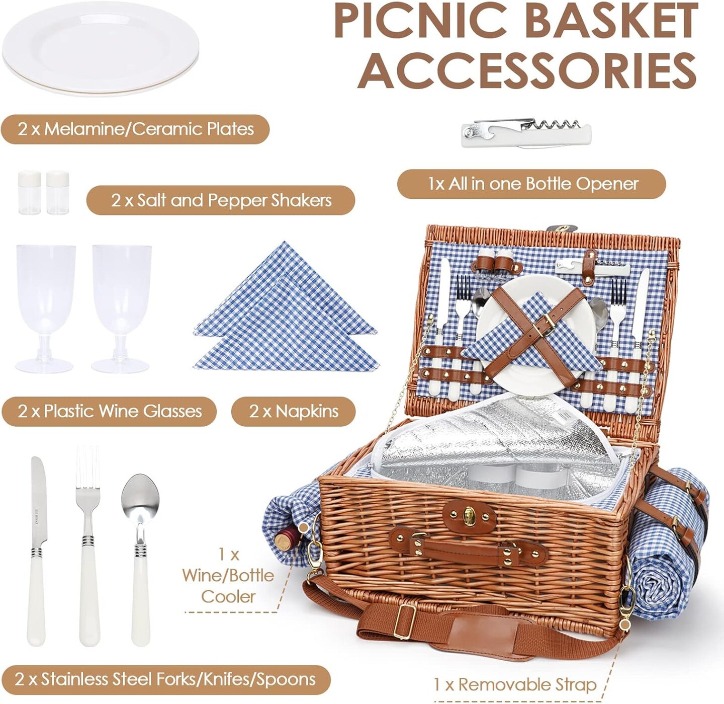 Picnic Baskets for 2, Picnic Basket with Waterproof Blanket, Picnic Basket Set with Washable Beach Mat &#x26; Large Insulated Cooler Compartment, Handmade Natural Wicker Hamper for Camping, Outdoor Party