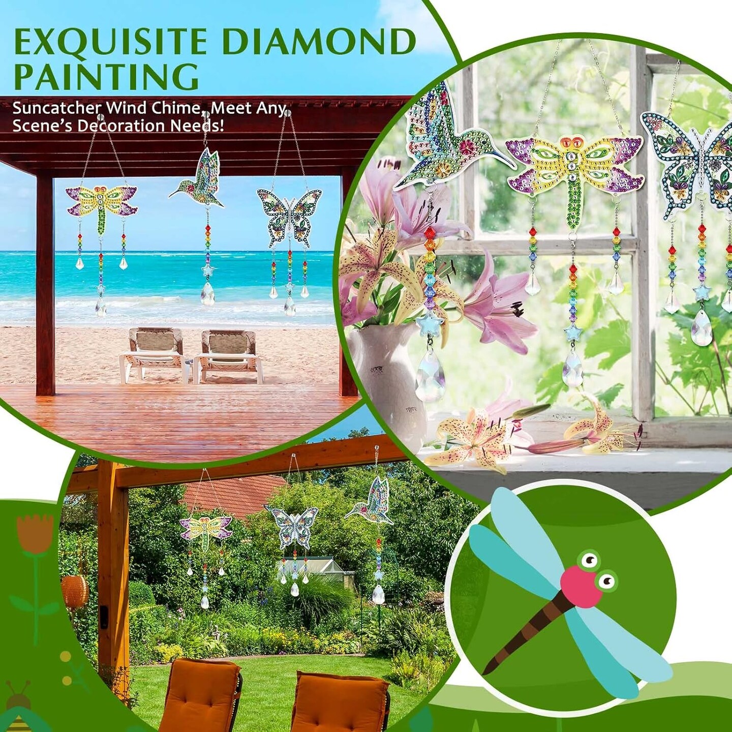 3-Piece Diamond Painting Suncatcher Kit – DIY Double-Sided Gem Art Wind Chimes for Adults (Dragonfly, Butterfly, Hummingbird)