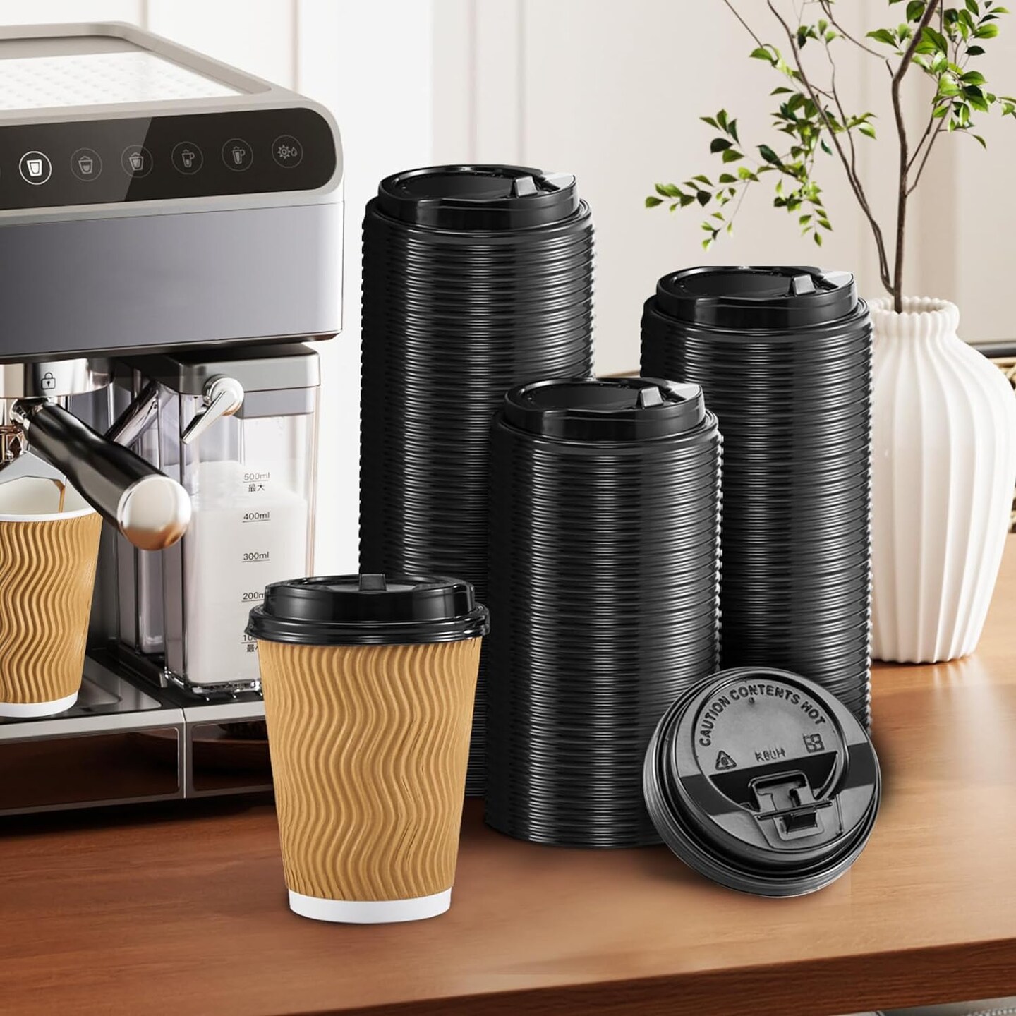 150 Pack Coffee Cup lids, Disposable Plastic Cup Lids for 10, 12, 16, 20, 24 oz Paper Cups, Hot/Cold Drinking Cup Lids, 3.54 Inches/90 mm Diameter - Black