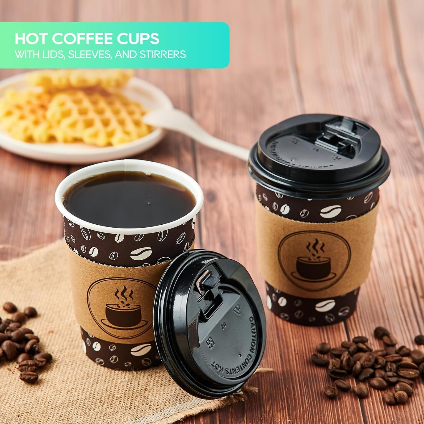 Disposable Coffee Cups with Lids, Sleeves and Straws - 12oz(100 Pack) Paper Coffee Cups with Lids, Durable, BPA Free Hot Cup for Shops, Cafes, and Concession Stands