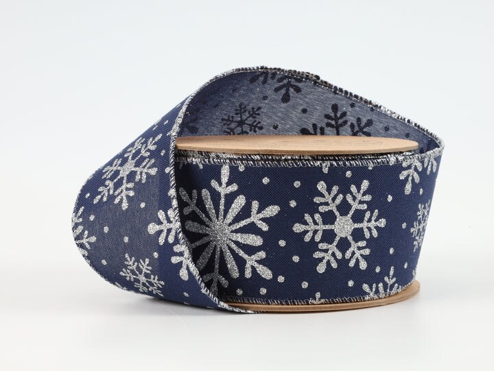 LaRibbons 2 1/2" Faux Linen Wired Ribbon | Blue w/ Giltter Silver Snowflake | 25 Yard Roll