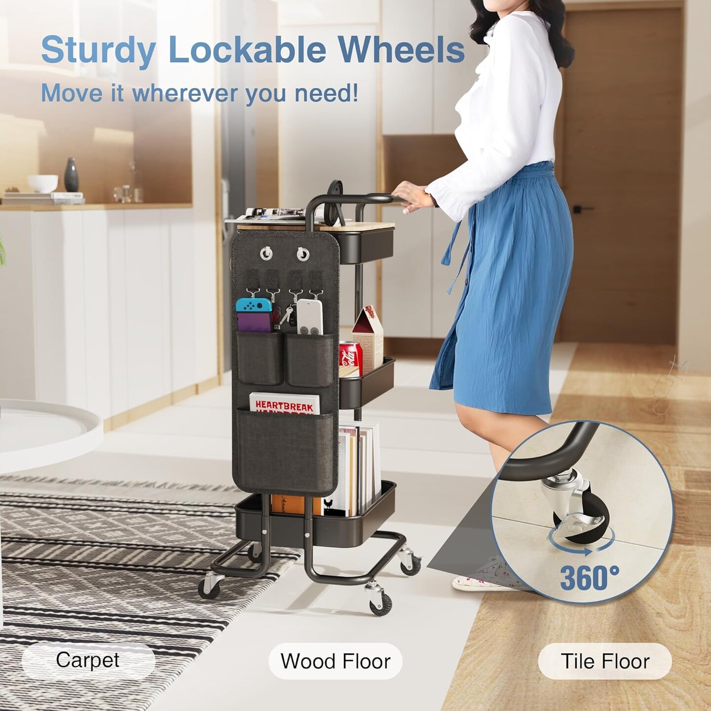 3 Tier Metal Utility Rolling Cart with Table Top and Side Bag-Art Craft 4 Hooks - (Black)
