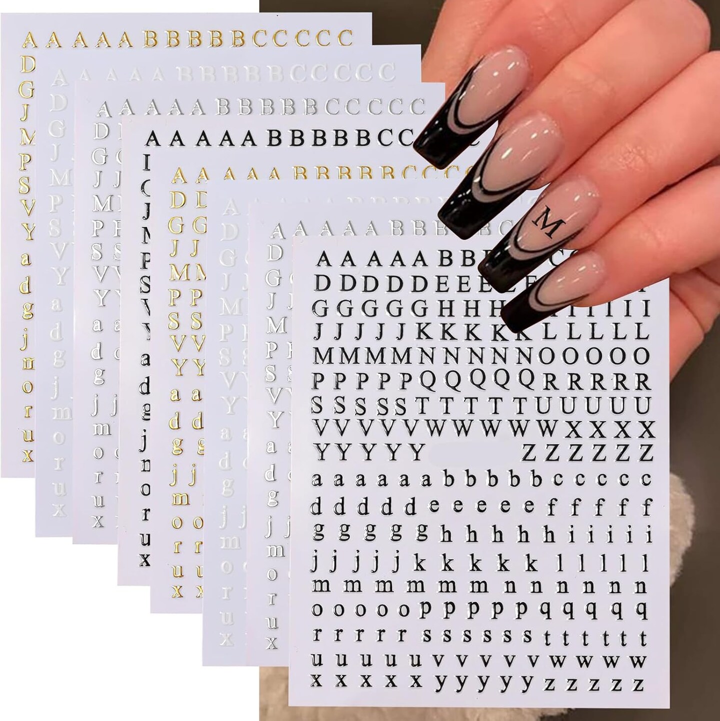 Letters Nail Art Stickers English Alphabet Nail Decals (Gold, Silver)