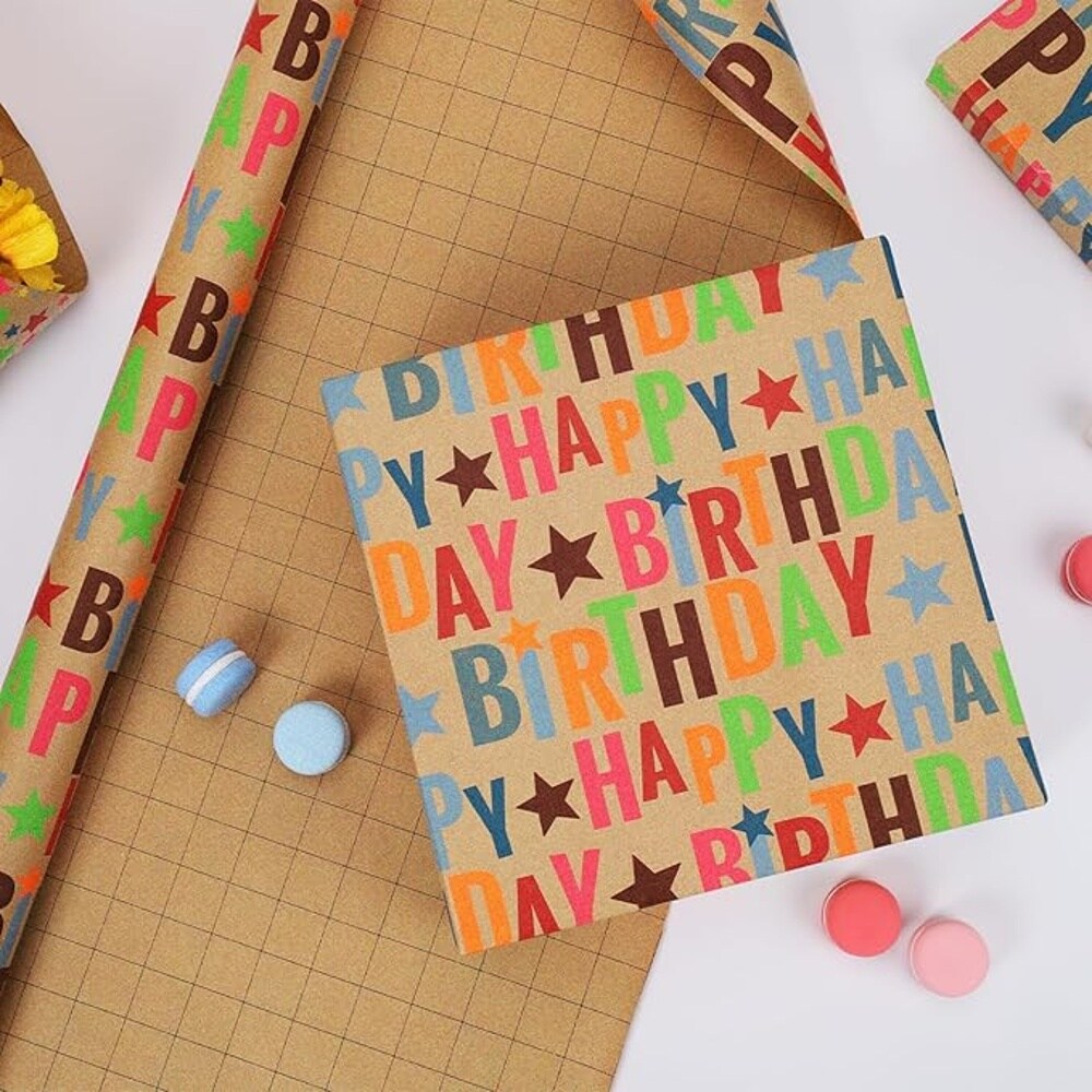 LaRibbons 17" X 33' Kraft Wrapping Paper | Happy Birthday Text