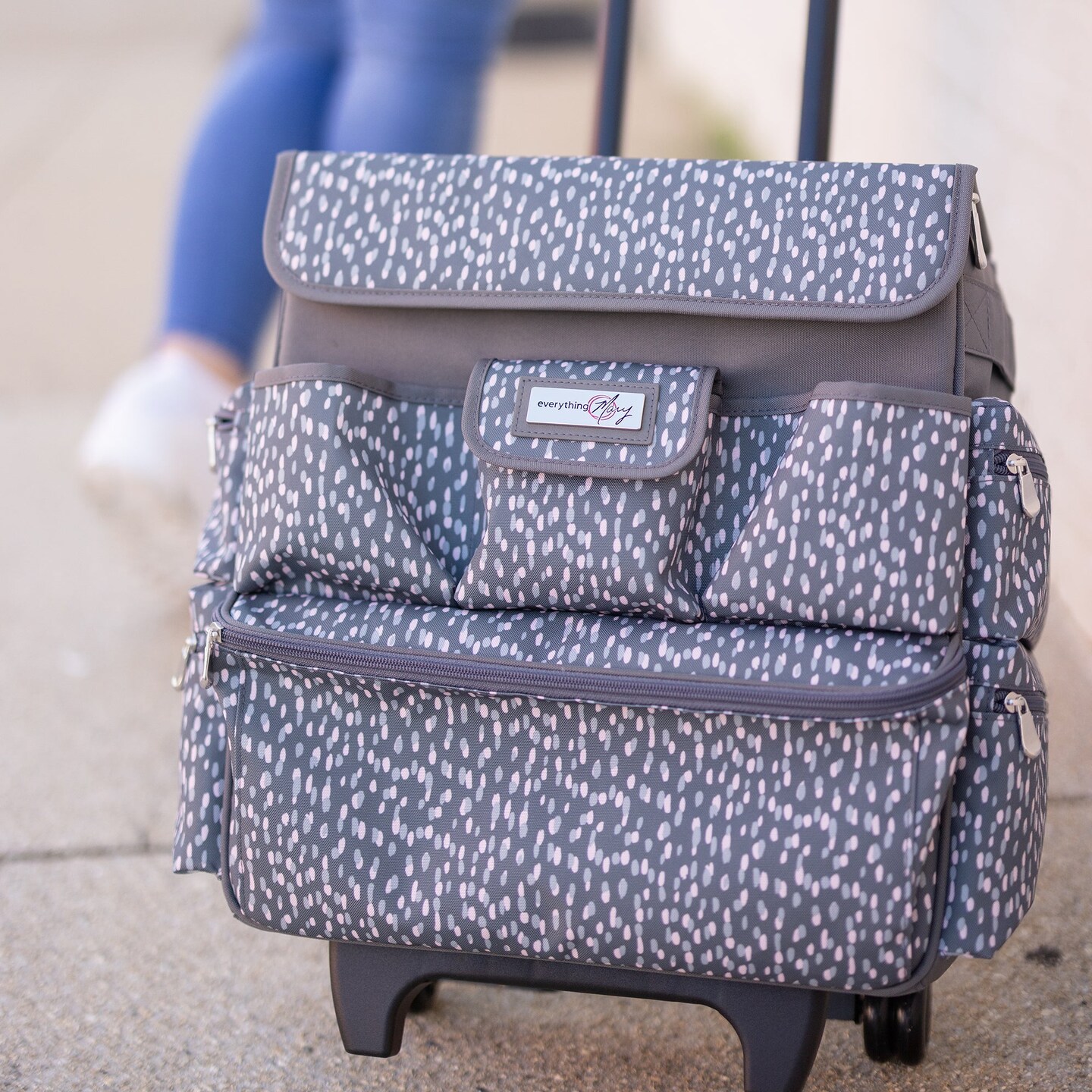 Multi-Compartment Teacher Rolling Tote, Grey &#x26; White