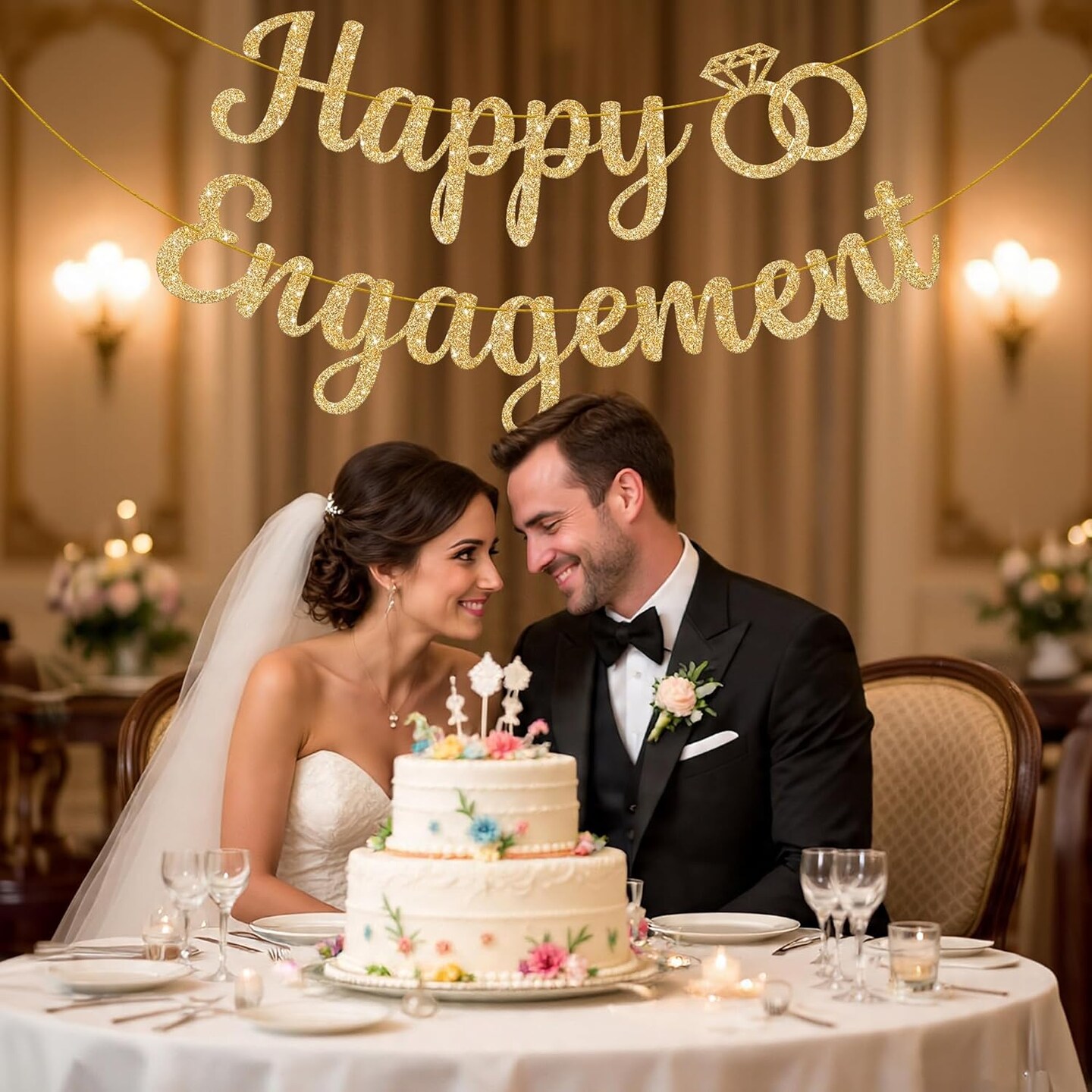 Gold Glitter Happy Engagement Banner - 10 Feet