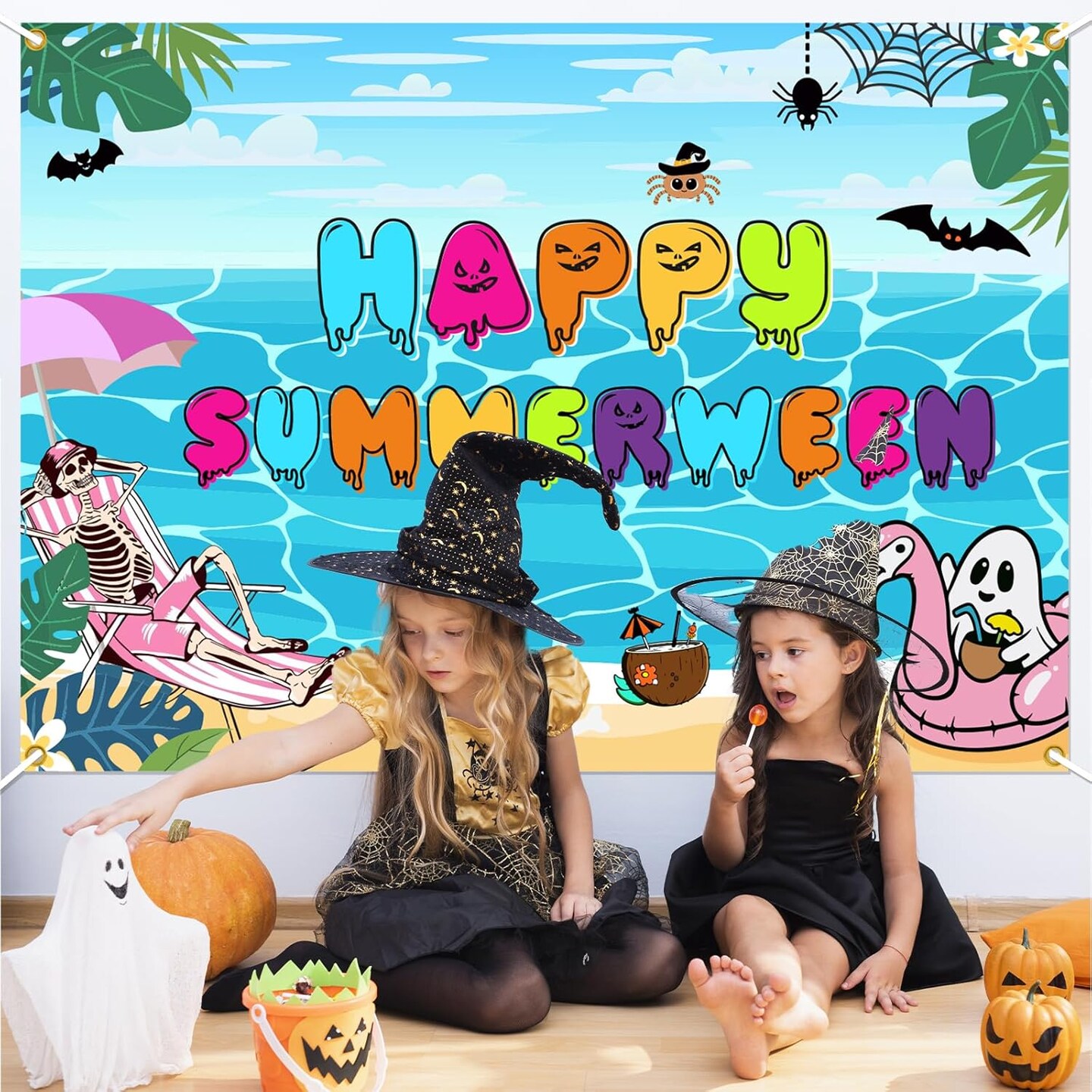 Happy Summerween Backdrop Banner - Summerween Party Decorations, Halloween in Summer Decor, Summer Halloween Party Decorations 7x5ft