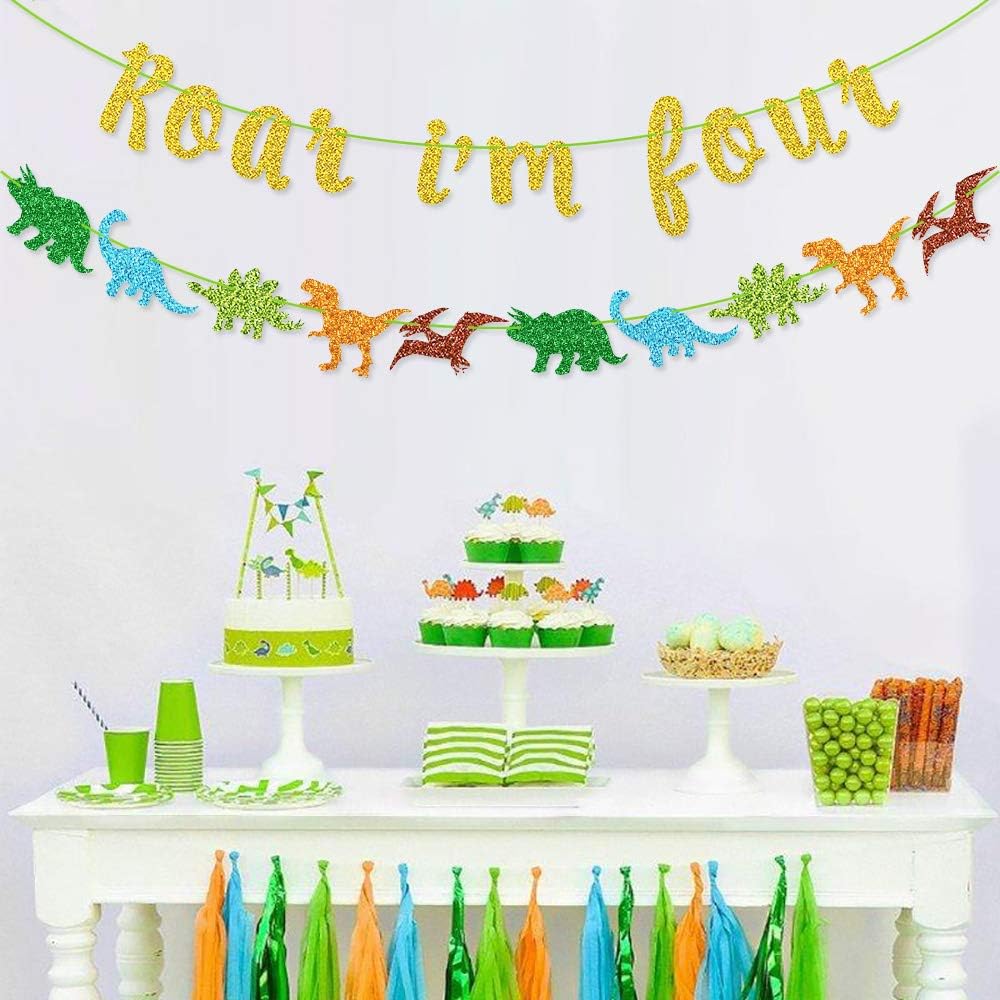 Roar I'm Four Banner Dinosaur Garland for Kids' 4th Dinosaur Birthday