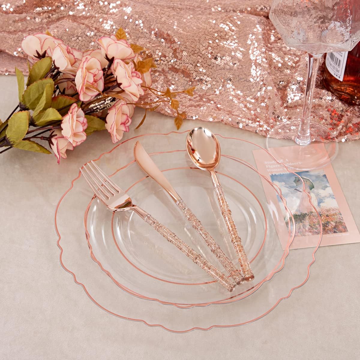 150PCS Rose Gold Plastic Plates