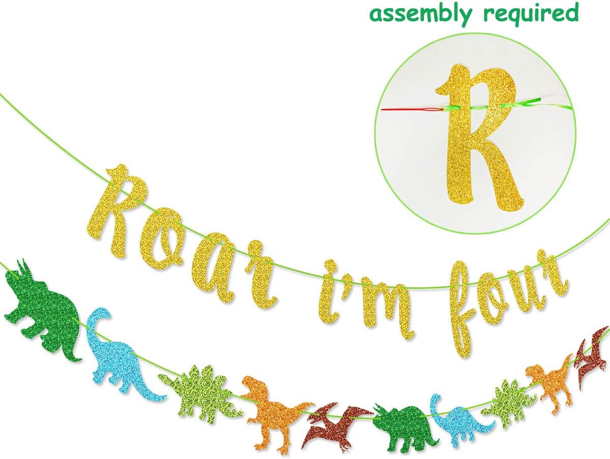 Roar I'm Four Banner Dinosaur Garland for Kids' 4th Dinosaur Birthday