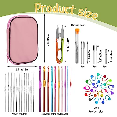 54 Pieces Crochet Needles Set, Crochet Hooks Kit with Storage Case, Ergonomic Knitting Needles Blunt Needles Stitch Marker DIY Hand Knitting Craft Art Tools for Beginners-Pink