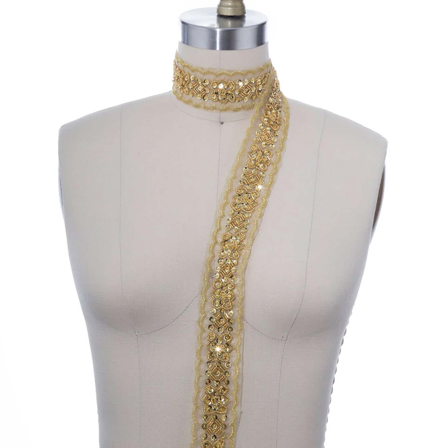 1 Yard 1.75" Wide Gold Beaded & Sequin Ribbon Trim with Embroidered Edging Organza Lace Accent
