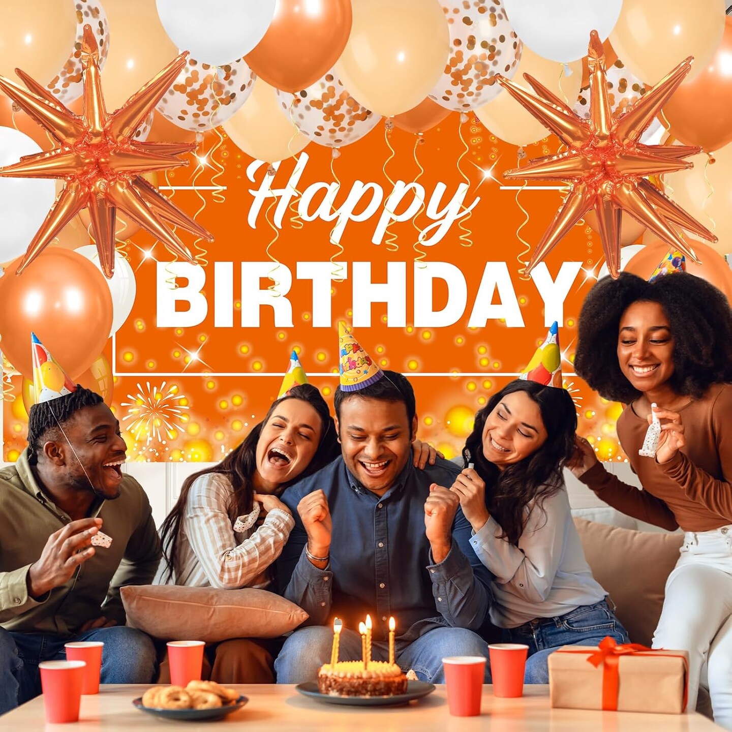 62pcs Orange Birthday Decorations Orange Happy Birthday Banner Balloons