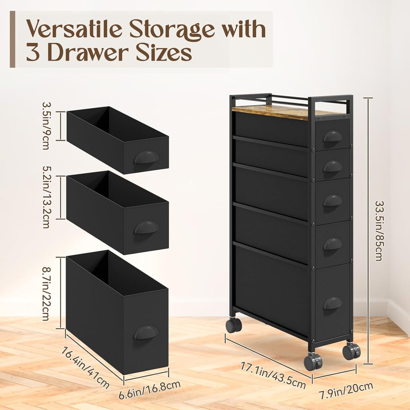 5 Drawer Narrow Dresser Slim Cabinet Skinny Storage Tower Chest