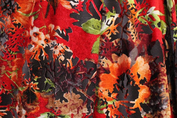 1 Yard 4-Way Stretch Red and Orange Floral Velvet Fabric Multipurpose