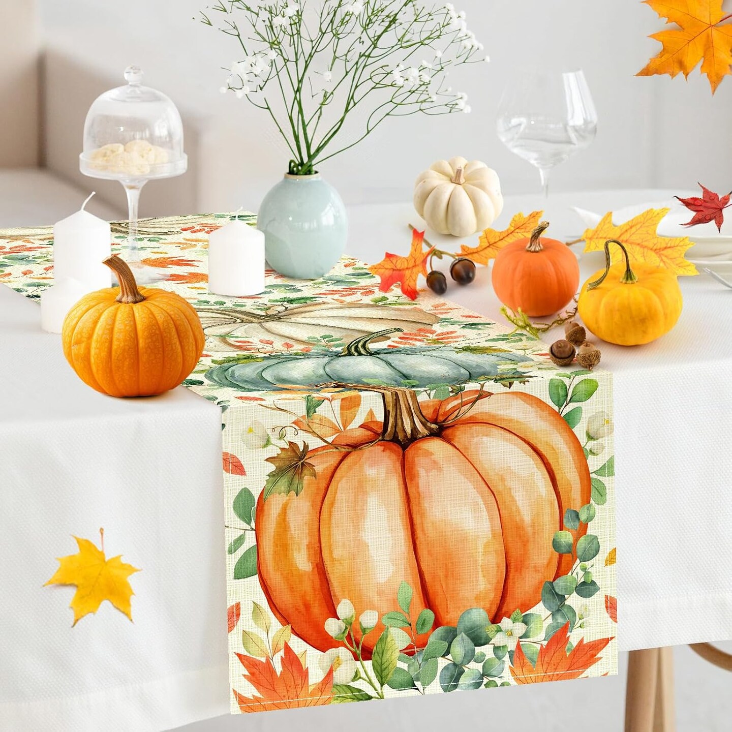 Pumpkin Eucalyptus Leaves Fall Table Runner