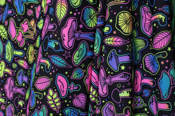 1 Yard Psychedelic Mushroom Blacklight Reactive Four Way Stretch Spandex Fabric 58"/60" Width