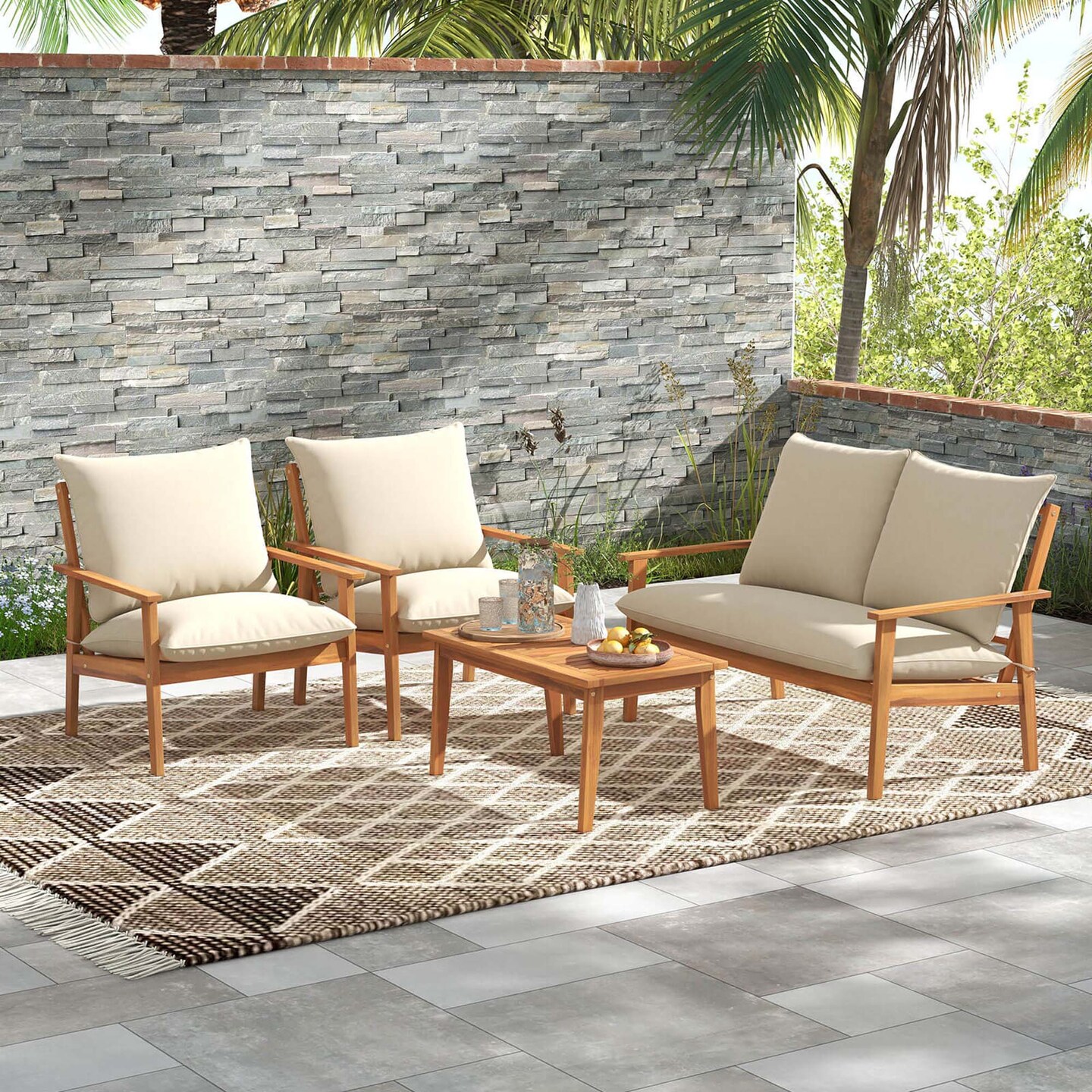 Costway 4 PCS Acacia Wood Patio Furniture Set with Soft Cushions and Coffee Table