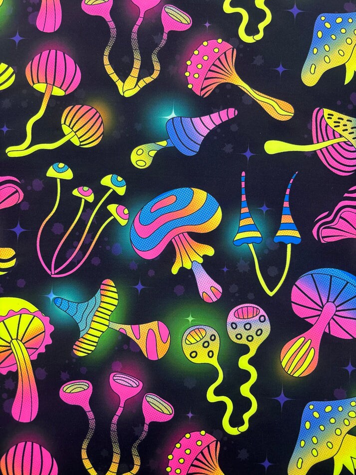 1 Yard 80% Polyester 20% Spandex Black Trippy Mushroom Spandex Fabric for Costumes and Swimwear 58"/60" Width