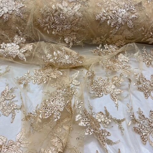 1 Yard Gold Sequin Lace Fabric 100% Polyester Mesh with Embroidery & Scalloped Edges for Gowns & Decor 51” Wide