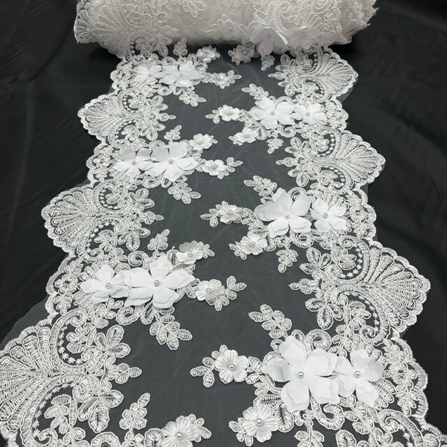 3 Yard Sequin 3D Lace Fabric 33cm Wide Polyester Embroidered Mesh with Pearls & Scalloped Edge