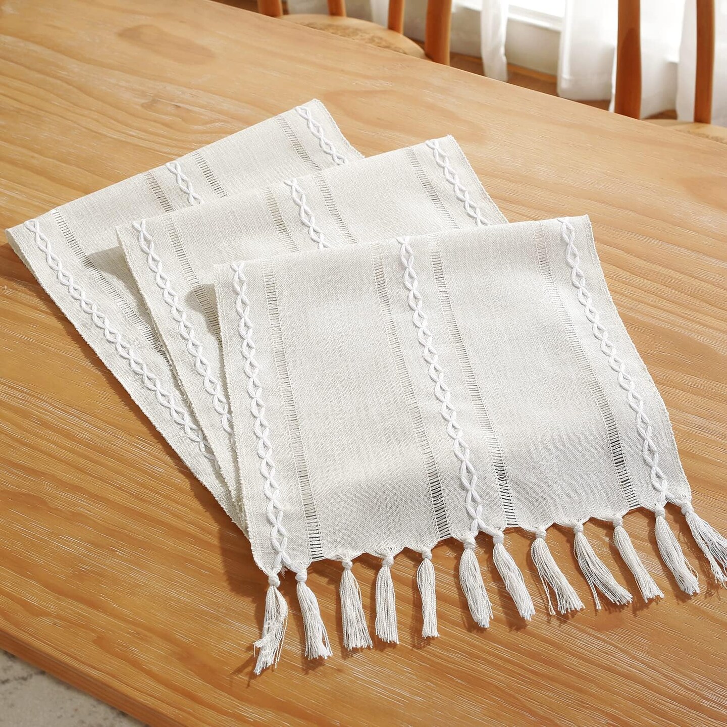 Rustic Farmhouse Style Linen Table Runner (Hemstitched Ivory) 13"W X 60"L