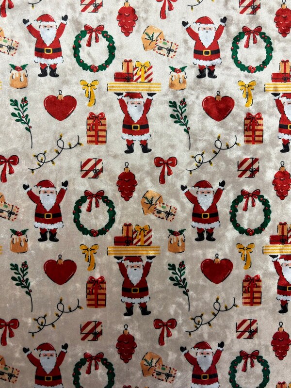 1 Yard 4-Way Stretch Jolly Santa Printed Crushed Velvet Fabric Multipurpose