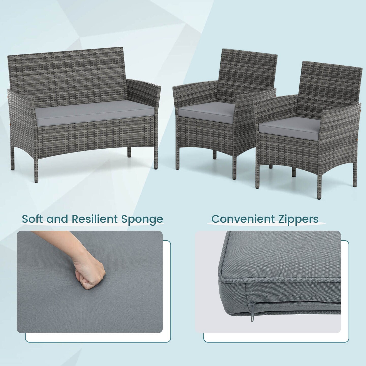 Costway 4 PCS Patio Furniture Set with Washable Cushions and Tempered Glass Coffee Table Gray