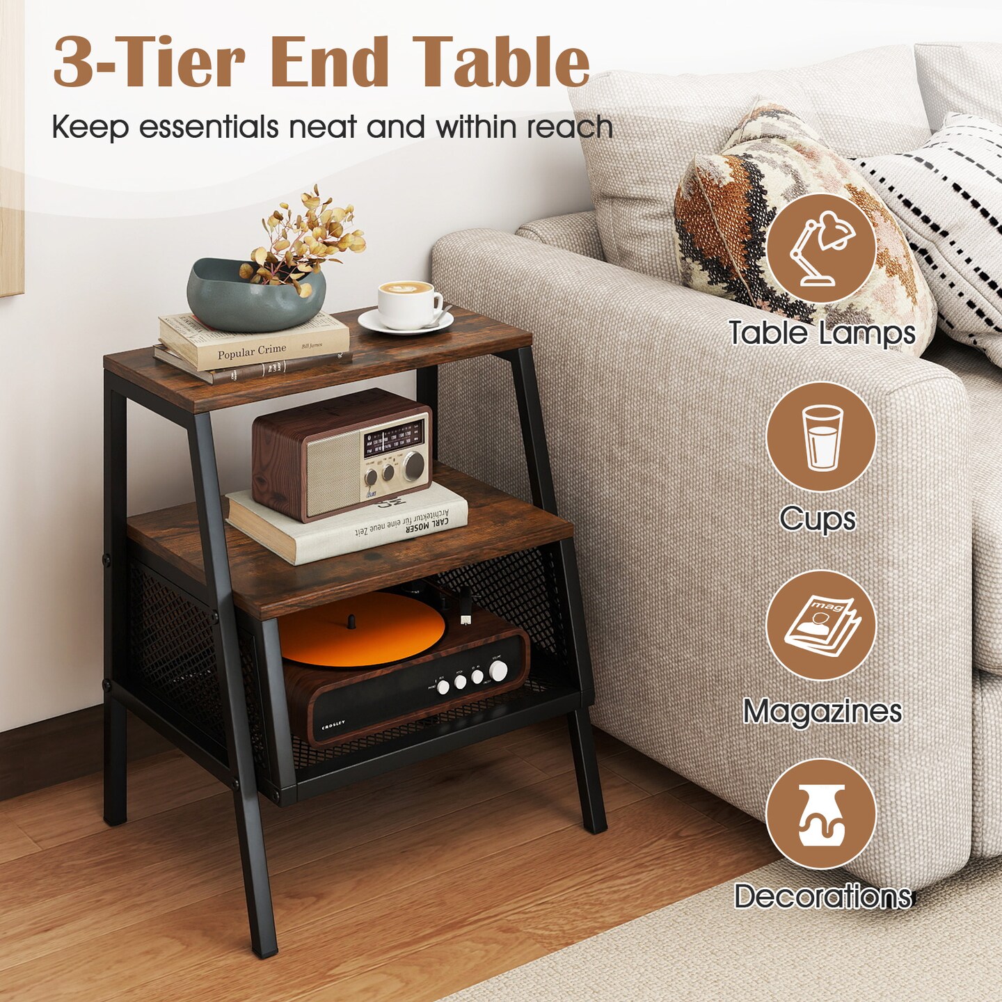 3-Tier Industrial End Table with 2 Open Shelves and Mesh Storage