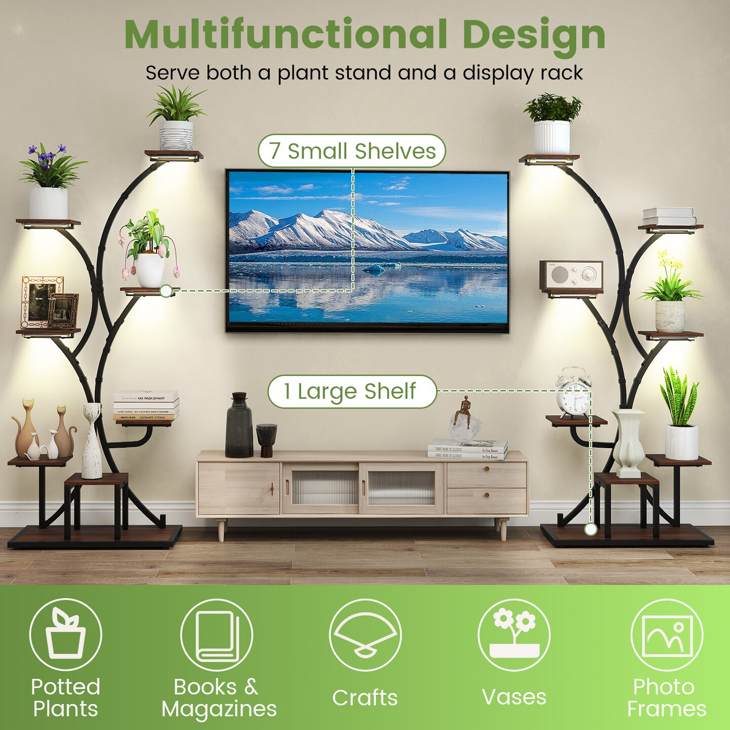 Brown - Black Corner Plant Stand with Grow Lights Tall Metal Rack