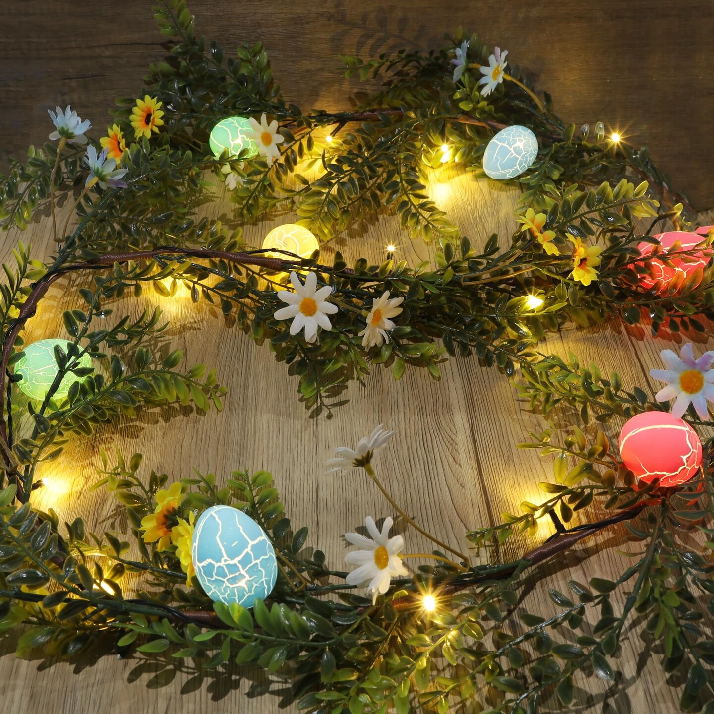 Easter Garland Decor, 6.5 FT LED Lighted Garland with Easter Eggs & Flowers, Spring Floral Decoration for Fireplace, Mantle, Table & Indoor Home Decor