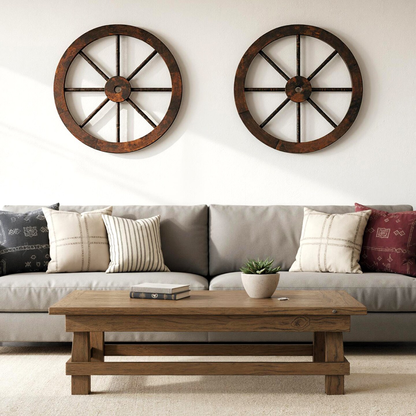Set of 4 Rustic Brown Fir Wood Metal 24 inch Wagon Wheel Wall Decor Vintage Accent